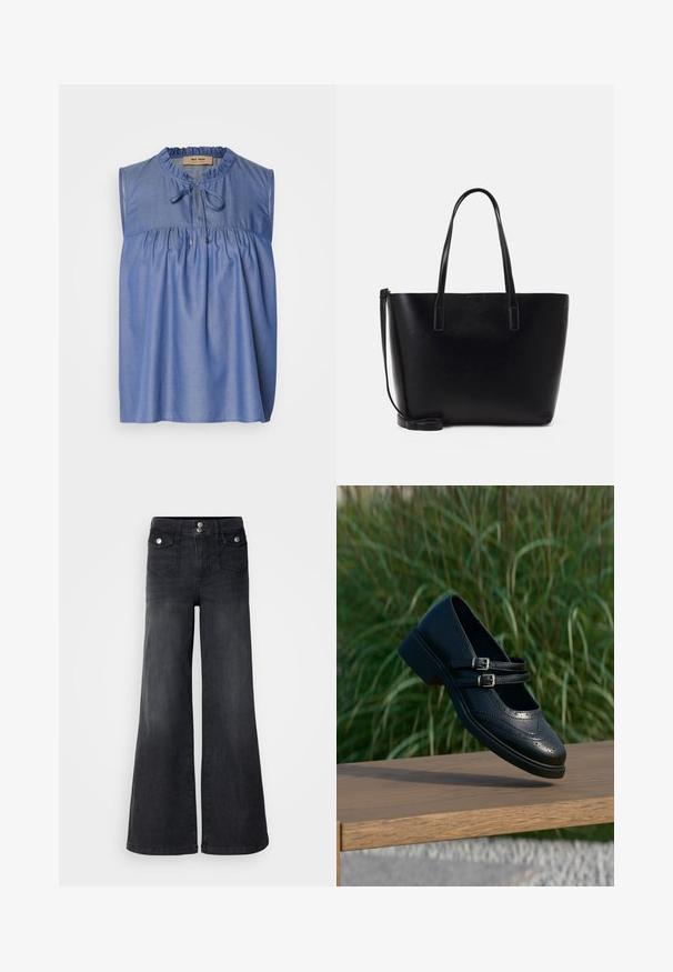 Blå ærmeløs bluse lavet af letvægtsstof, med en samlet skæring ved brystet, flæseudskæring og en snøre-lukning foran.; Sorte denim brede ben jeans med høj talje, forknapper og to forlommer; glat tekstur med en let falmet finish.; Sort læder Mary Jane-sko med dobbelte spænder og brogue-detaljer, der svæver over en træbænk med grøn græsbaggrund.; Sort læder tote taske med to lange håndtag, en struktureret form, glat tekstur og en aftagelig skulderrem. Diskret brandingdetalje.