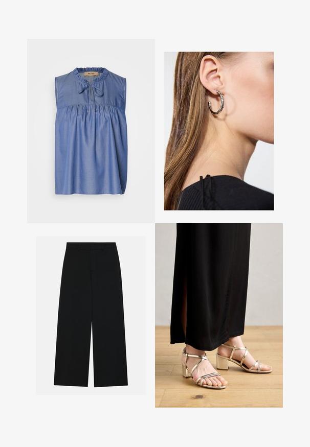 Blusa sin mangas azul hecha de una tela ligera, con un cuerpo fruncido, cuello con volantes y un cierre de lazo en la parte frontal.; Pantalones negros de pierna ancha hechos de una tela suave. Presentan una cintura plana con pasadores de cinturón y sin bolsillos visibles. Diseño sencillo.; Tacones dorados con tiras, presentan un tacón cuadrado, acabado metálico, tirante en el tobillo y diseño de punta abierta. Combinados con una falda larga negra.; Pendiente de aro de plata con un acabado pulido, que presenta pequeños detalles en dorado y una forma redonda, llevado en el lóbulo.