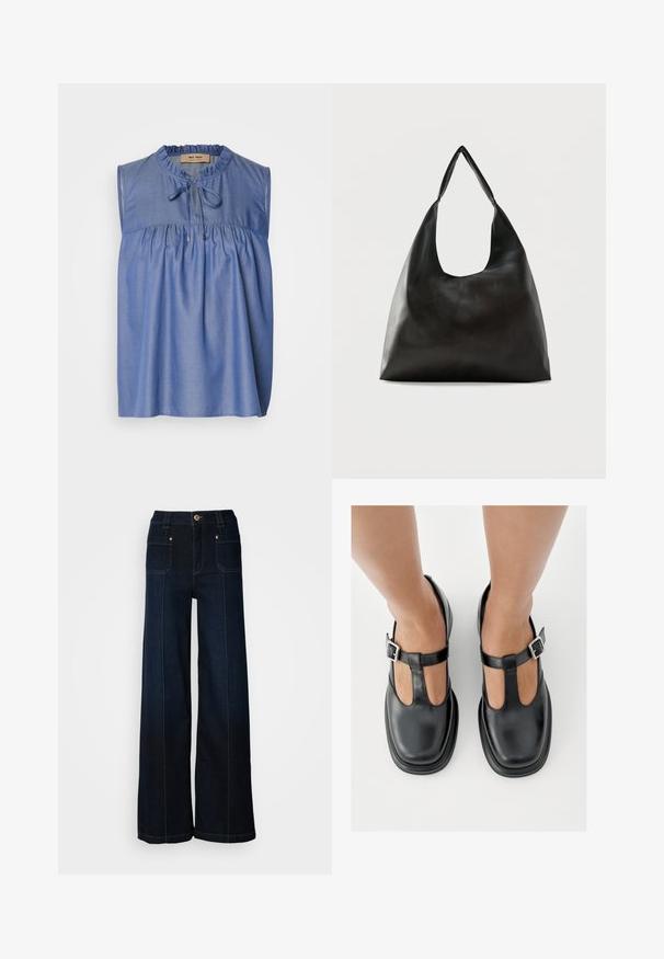 Blå ærmeløs bluse lavet af letvægtsstof, med en samlet skæring ved brystet, flæseudskæring og en snøre-lukning foran.; Bredde ben denimjeans i mørkeblå. Har forlommer, guldfarvet hardware og kontrasterende syninger. Glat tekstur med et afslappet design.; Sorte lædersko med T-rem-design, lukket tå og sølvfarvede spændeaccenter. Glat tekstur med rundet tå og flad sål.; Sort skuldertaske i glat læder med en bred, enkelt strop og et afslappet, minimalistisk design mod en ensfarvet baggrund.