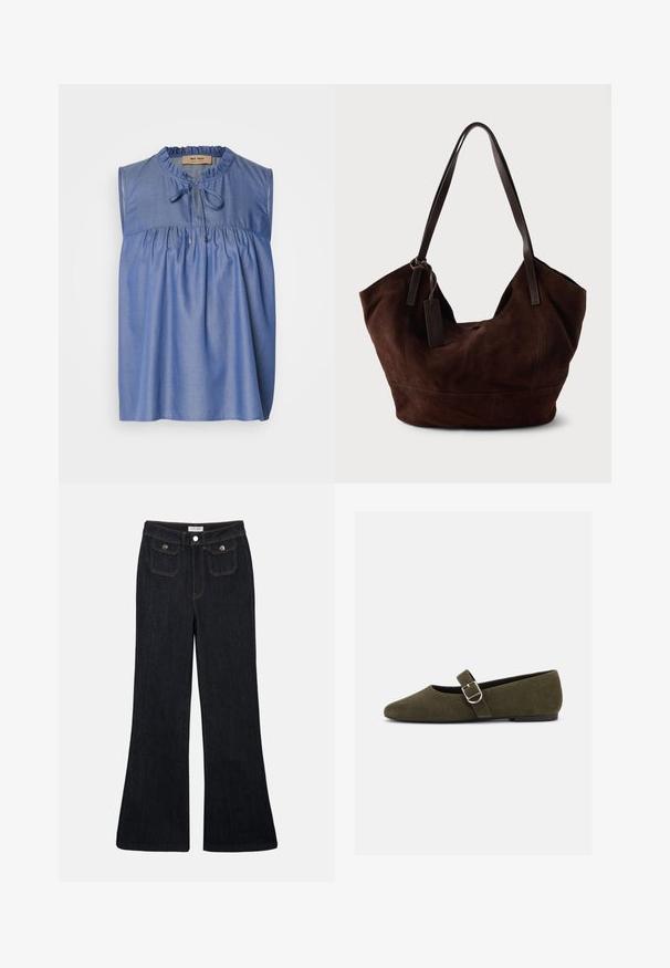 Blaue ärmellose Bluse aus leichtem Stoff, mit gerafftem Oberteil, Rüsche am Ausschnitt und einer Bindeschließe vorne.; Schwarze, ausgestellt geschnittene Jeans aus Denim mit hoher Taille, zwei Fronttaschen und orangefarbenen Nähten. Das Material wirkt robust und glatt.; Olivgrüner Wildleder-Mary-Jane-Flachschuh mit silberner Schnalle und abgerundetem Zehenbereich, auf weißem Hintergrund dargestellt.; Braune Wildleder-Handtasche mit einer weichen, lässigen Form. Verfügt über Ledergriffe und einen Etikettenakzent. Schlichte Textur mit geschwungenen Nähten.