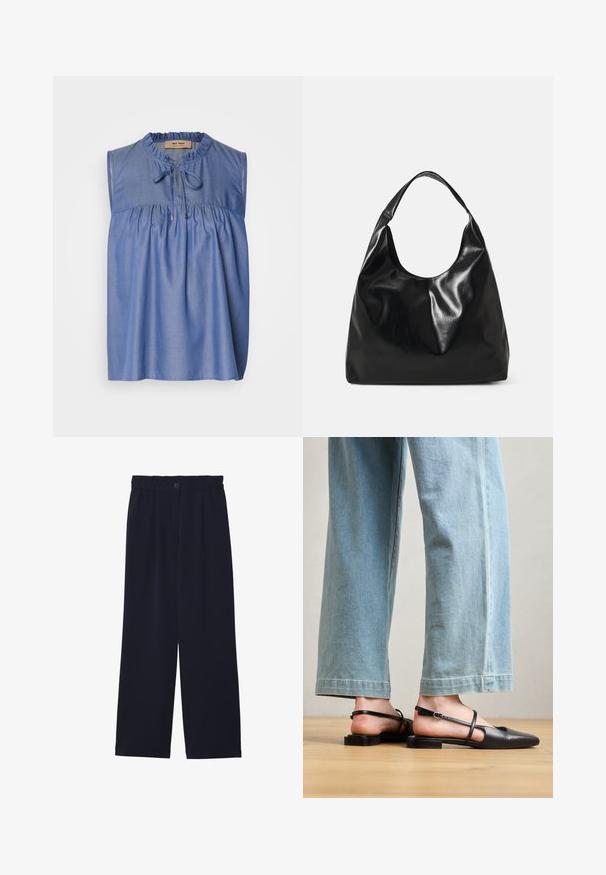 Blouse sans manches bleue en tissu léger, avec un corsage froncé, un col à volants et une fermeture à nouer à l'avant.; Pantalons large bleu marine avec une texture lisse, taille élastique, pli avant unique et fermeture à bouton à la taille.; Chaussures slingback en cuir noir avec un bout pointu, un talon plat et une bride à la cheville ; portées avec un jean large bleu clair.; Sac hobo en cuir noir avec une texture douce et brillante et un haut ouvert arrondi. Dispose d'une large sangle courbée pour le transport. Pas de matériel visible.