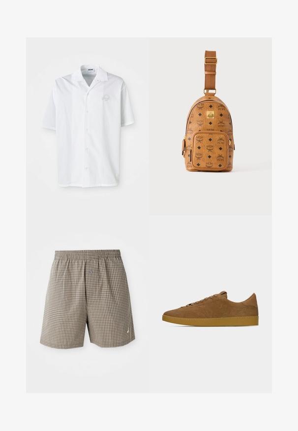 Camisa blanca de manga corta hecha de algodón con cierre frontal de botones. Presenta un logo bordado sutil en el pecho. Diseño clásico de cuello.; Pantalones cortos a cuadros marrones con una cinturilla elástica, bolsillos laterales y un pequeño detalle de logo cerca del dobladillo. Tejido ligero.; Zapatilla baja de ante marrón con cordones a juego y suela de goma color chicle, mostrada en perfil izquierdo sobre fondo gris claro liso.; Pequeña bolsa bandolera de cuero color marrón claro con correa ajustable, bolsillo delantero con cremallera y patrón repetido del logo negro de MCM.
