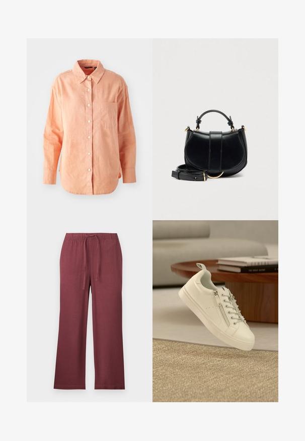 Chemise à manches longues, boutonnée, en tissu pêche clair. Elle présente un col classique, une poche sur le devant et un ourlet arrondi, avec une finition texturée.; ONLY Petite ONLGOA PULL UP CULOTTE - Pantalon classique - rose brown; Baskets blanches basses avec fermeture éclair latérale et lacets, placées près d'une table ronde en bois marron avec des livres empilés.; Sac à main en cuir noir à silhouette courbée, accents dorés et bandoulière amovible. Il comporte une poignée supérieure et des détails de couture verticale.