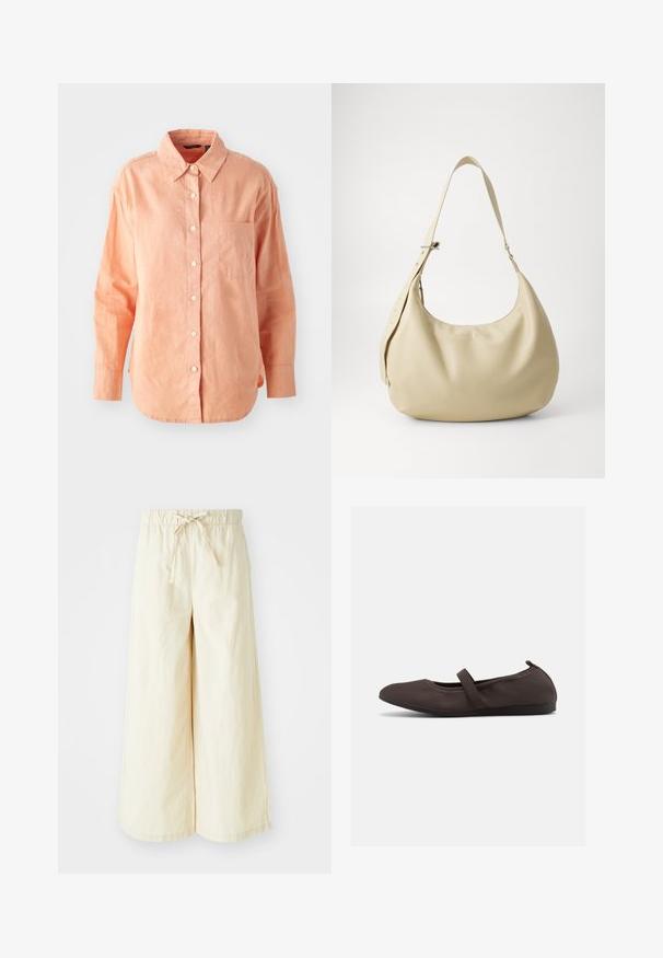 Chemise à manches longues, boutonnée, en tissu pêche clair. Elle présente un col classique, une poche sur le devant et un ourlet arrondi, avec une finition texturée.; Pantalons larges en tissu beige doux et léger. Dotés d'une taille élastique avec un cordon de serrage à l'avant pour un ajustement personnalisable. Texture lisse.; Ballerine marron avec bride élastique et bout arrondi, présentée sur fond blanc, vue de côté.; Sac à épaule en cuir beige avec une forme courbée, une bandoulière réglable et un détail de logo embossé, présentant une texture lisse et un design minimaliste.