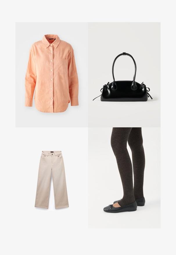 Chemise à manches longues, boutonnée, en tissu pêche clair. Elle présente un col classique, une poche sur le devant et un ourlet arrondi, avec une finition texturée.; Pantalons larges beiges en coton avec une texture douce. Comprend cinq poches, des passants de ceinture et des finitions en métal argenté à l'avant.; Jambes portant des leggings côtelés foncés associés à des ballerines noires avec de petits détails en nœud sur fond blanc.; Petit sac à main noir brillant avec deux longues anses et des détails à cordon sur les côtés sur un fond clair uni.
