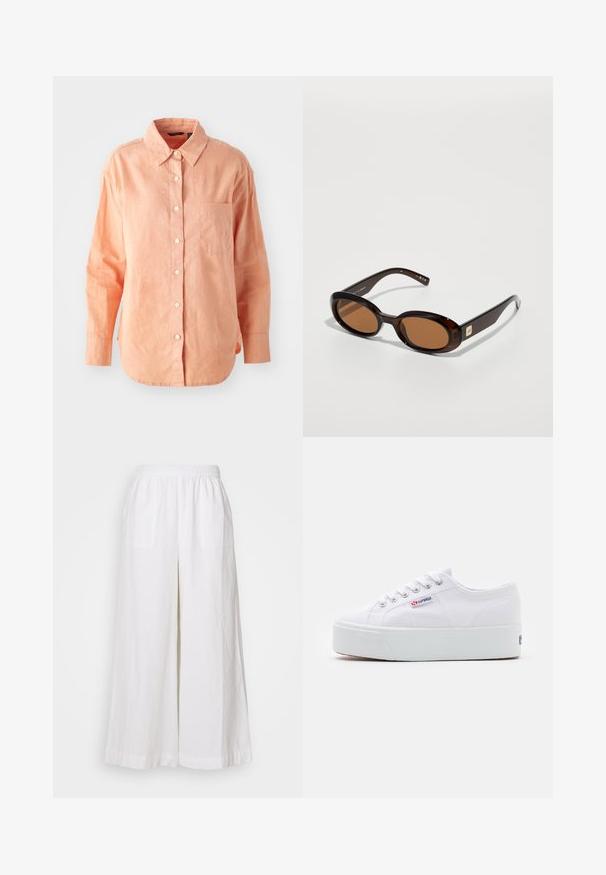 Chemise à manches longues, boutonnée, en tissu pêche clair. Elle présente un col classique, une poche sur le devant et un ourlet arrondi, avec une finition texturée.; Pantalons larges en lin blanc avec une taille élastique, dotés de deux poches avant et d'un tissu léger et texturé.; Baskets en toile blanches avec une épaisse semelle plateforme blanche, bout rond et œillets en métal pour les lacets. Logo de la marque affiché sur le côté.; Lunettes de soleil écaille de tortue marron avec des verres ovales, dotées d'une fine monture et d'un petit accent métallique sur le côté. Fini texturé et poli.