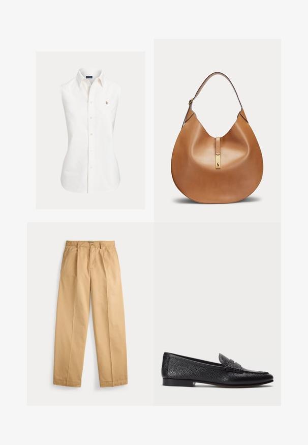 Camisa blanca sin mangas de algodón, con cuello puntiagudo, abotonadura frontal y un pequeño logo bordado en el lado izquierdo.; Pantalones beige de pierna recta con cierre de botón y cremallera, bolsillos delanteros, trabillas para cinturón y pliegues prensados a lo largo de las piernas.; Mocasin de cuero negro con acabado texturizado, que cuenta con una correa decorativa y tacón plano. Diseño elegante y minimalista con punta redondeada.; Bolso hobo marrón de cuero con una sola correa y cierre metálico dorado con un pequeño logo de caballo.