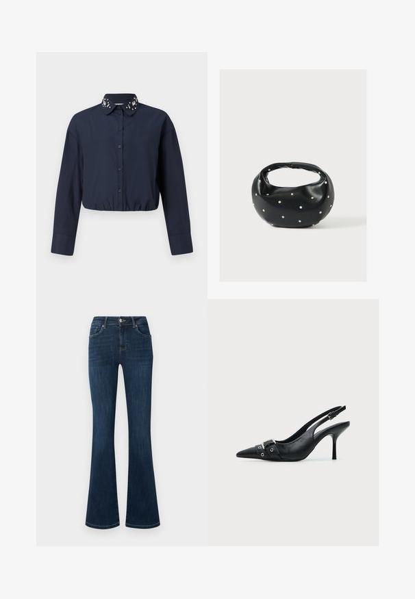 Marineblaues, kurzes Hemd mit Button-Down-Kragen, das dekorative Verzierungen am Kragen aufweist. Lange Ärmel und elastischer Saum.; Dunkelblaue Jeans aus Denim mit mittelhohem Bund, Fünf-Taschen-Stil und ausgestellten Beinen, flach auf einem weißen Hintergrund liegend.; Schwarzer Leder Slingback-Pumps mit spitzer Vorderkappe und einem Schnallen- und Ösenriemen vorne.; Schwarze Lederhandtasche mit abgerundeter Form, verziert mit silbernen Nietenakzenten und kurzem Griff. Glatte Struktur und Reißverschlussverschluss.