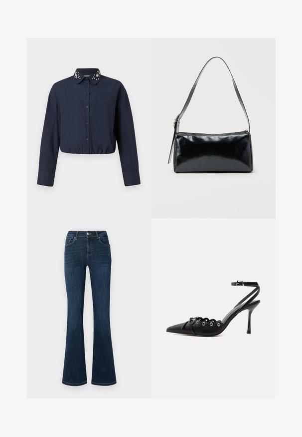 Námorníck Blue skrátená košeľa s golierom na gombíky, ktorá má dekoratívne ozdoby na golieri. Dlhé rukávy a elastický lem.; Tmavomodré džínsy z denimu so stredne vysokým pásom, štýlom s piatimi vreckami a rozšírenými nohavicami, zobrazené položene na bielom pozadí.; Čierne lodičky na vysokom opätku s špicatou špičkou, zvlnenými okrajmi, kovovými očkami, šnurovaním vpredu a remienkom na členku so sponou.; Čierna obdĺžniková kabelka na rameno s jedným nastaviteľným remienkom a horným zipsom na jednofarebnom pozadí.