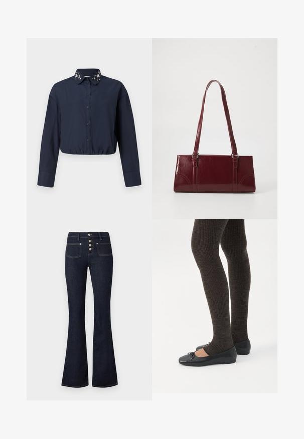 Marineblå cropped skjorte med en knap-down krave, der har dekorative udsmykninger på kraven. Lange ærmer og elastisk kant.; Mørkeblå jeans med høj talje og vidde ben, frontlukning med knapper, to forlommer og gule syninger på en lys baggrund.; Ben iført mørke ribbede leggings kombineret med sorte balletsko med små sløjfedetaljer på hvid baggrund.; Bordeaux håndtaske lavet af glansfuldt materiale, rektangulær form, med to skulderremme og subtile buede detaljer på forsiden.