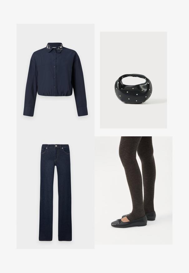 Marineblaues, kurzes Hemd mit Button-Down-Kragen, das dekorative Verzierungen am Kragen aufweist. Lange Ärmel und elastischer Saum.; Dunkelblaue Jeans mit geradem Bein, Vordertaschen, Gürtelschlaufen, Metallknopf und Nahtdetails vor weißem Hintergrund.; Beine in dunklen, gerippten Leggings kombiniert mit schwarzen Ballerinas mit kleinen Schleifendetails auf weißem Hintergrund.; Schwarze Lederhandtasche mit abgerundeter Form, verziert mit silbernen Nietenakzenten und kurzem Griff. Glatte Struktur und Reißverschlussverschluss.