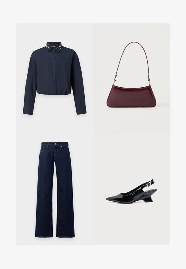 Marineblaues, kurzes Hemd mit Button-Down-Kragen, das dekorative Verzierungen am Kragen aufweist. Lange Ärmel und elastischer Saum.; Weite Jeans in dunkelblauem Denim mit klassischem Fünf-Taschen-Design, kupferfarbener Naht und Knopfverschluss am Bund.; Schwarzer Slingback-Schuh aus Lackleder mit spitzer Spitze und niedrigem, schrägem Blockabsatz auf einfachem hellem Hintergrund.; Dunkelburgunderfarbene, glänzende Handtasche mit einem einzigen dünnen Griff und einer schlanken, trapezförmigen Form auf einem schlichten hellen Hintergrund.