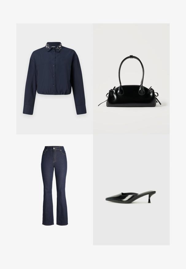 Marineblå cropped skjorte med en knap-down krave, der har dekorative udsmykninger på kraven. Lange ærmer og elastisk kant.; Mørkeblå højhellige denim jeans med knap og lynlås foran, forlommer og let udvidede ben.; Sorte patenterede lædermules med spids tå, lav kittenheel og buede sider, der har en glansfuld finish og minimalistisk design.; Lille sort blank håndtaske med to lange håndtag og snøre-detaljer i siden på en ensfarvet lys baggrund.