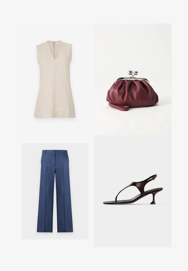 Top sans manches beige à col en V, fabriqué dans un tissu texturé, avec une fermeture éclair dans le dos. Design simple, sans motifs ni accents.; Pantalon bleu à jambes larges, coupe sur mesure, avec passants de ceinture, pli à l'avant et fermeture avant dissimulée sur fond blanc.; Sandale slingback en cuir verni marron foncé avec petit talon et bride entre les orteils sur fond blanc.; Petit sac pochette en cuir bordeaux avec fermoir métallique argenté et bracelet sur fond blanc.