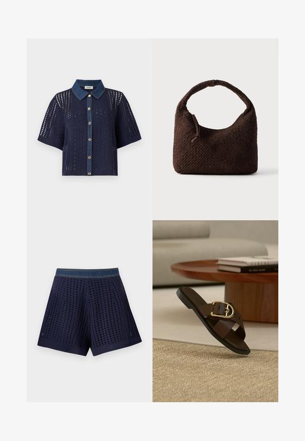 Cardigan en crochet bleu marine à manches courtes avec col en denim et boutonnage devant, présentant des motifs ajourés floraux et géométriques.; Shorts en crochet bleu marine avec une ceinture en jean et un motif à grille ouverte, disposés à plat sur un fond blanc.; Sandale à enfiler en cuir marron avec boucle dorée sur un tapis beige, table basse en bois et livres en arrière-plan.; Sac à main tressé marron avec une poignée arrondie, fabriqué en matériau texturé. Dispose d'une fermeture éclair et d'un petit logo en accent.
