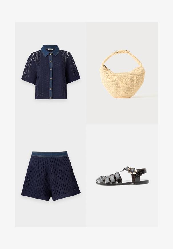 Cardigan en crochet bleu marine à manches courtes avec col en denim et boutonnage devant, présentant des motifs ajourés floraux et géométriques.; Shorts en crochet bleu marine avec une ceinture en jean et un motif à grille ouverte, disposés à plat sur un fond blanc.; Sandale de pêcheur en cuir noir avec bout ouvert, multiples brides et fermeture à boucle dorée sur une semelle plate, vue de profil.; Sac à main beige tissé avec corps arrondi, fermeture éclair et une sangle courte et épaisse dans un style crochet simple et texturé.