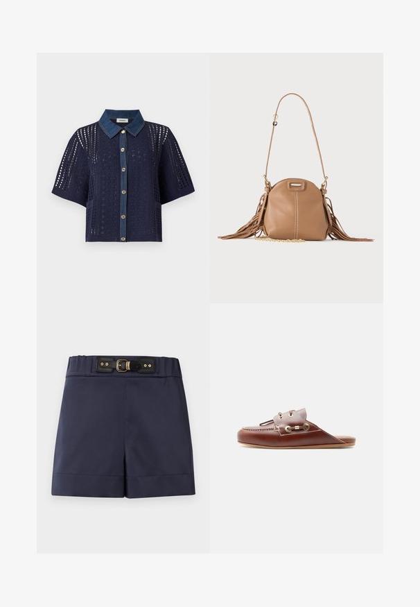 Cardigan en crochet bleu marine à manches courtes avec col en denim et boutonnage devant, présentant des motifs ajourés floraux et géométriques.; Shorts taille haute bleu marine avec ceinture noire à boucle et ferrures dorées sur un fond clair uni.; Mocassin à enfiler en cuir marron avec couture moc toe, œillets dorés et détail de lacet décoratif sur le côté, semelle plate, profil latéral.; Petit sac à bandoulière en cuir fauve avec longue bandoulière, détail chaîne dorée et franges des deux côtés sur un fond neutre.