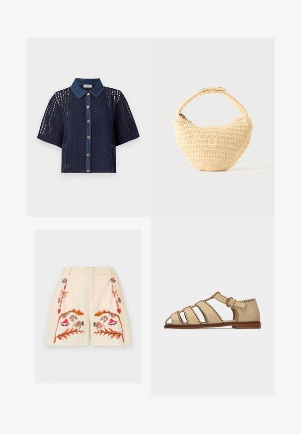 Cardigan en crochet bleu marine à manches courtes avec col en denim et boutonnage devant, présentant des motifs ajourés floraux et géométriques.; Shorts crème avec bouton devant, fermeture éclair, et motifs brodés symétriques floraux et champignons en orange, rose, bleu et marron.; Sandale ouverte en cuir beige avec plusieurs brides, bords cousus, boucle à la cheville et semelle plate marron.; Sac à main beige tissé avec corps arrondi, fermeture éclair et une sangle courte et épaisse dans un style crochet simple et texturé.