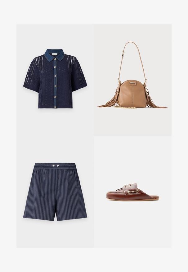 Cardigan en crochet bleu marine à manches courtes avec col en denim et boutonnage devant, présentant des motifs ajourés floraux et géométriques.; Shorts rayés bleu marine avec taille élastique, dotés de deux boutons blancs à l'avant, fabriqués en tissu léger.; Mocassin à enfiler en cuir marron avec couture moc toe, œillets dorés et détail de lacet décoratif sur le côté, semelle plate, profil latéral.; Petit sac à bandoulière en cuir fauve avec longue bandoulière, détail chaîne dorée et franges des deux côtés sur un fond neutre.