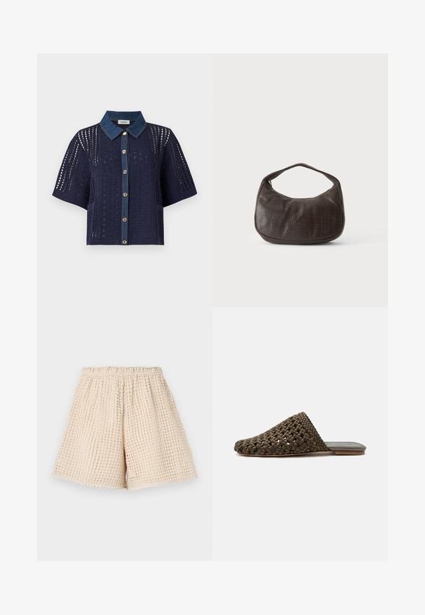 Cardigan en crochet bleu marine à manches courtes avec col en denim et boutonnage devant, présentant des motifs ajourés floraux et géométriques.; Shorts beiges avec un motif texturé en forme de gaufre. Ceinture élastique et coupe ample. Longueur mi-cuisse. Matériau léger.; Mule tissée marron à enfiler avec une semelle plate et un bout fermé arrondi sur fond blanc.; Petit sac à main marron foncé texturé avec une courte bandoulière et un fond arrondi sur un fond clair uni.