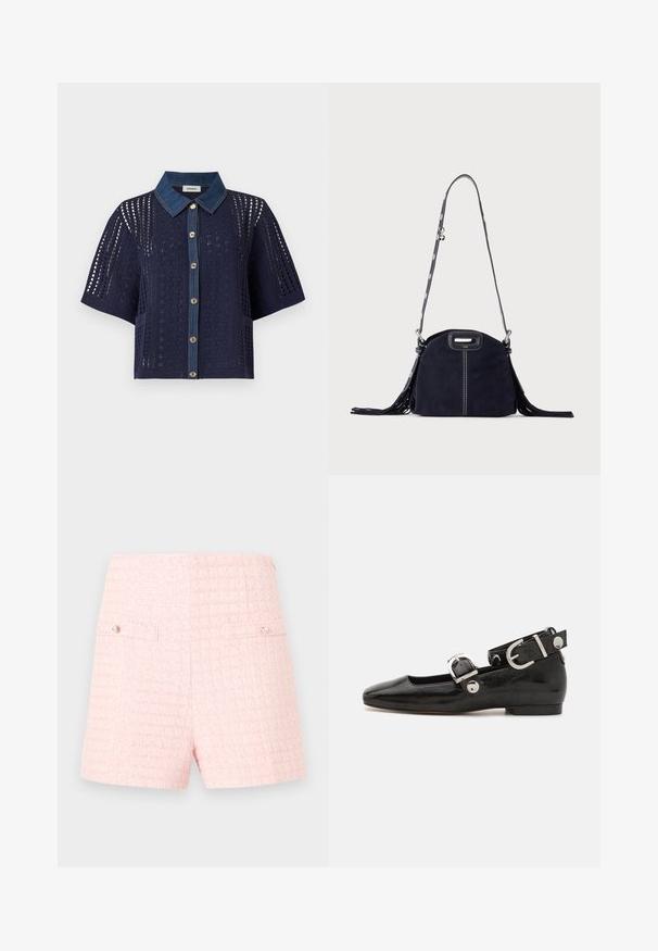 Cardigan en crochet bleu marine à manches courtes avec col en denim et boutonnage devant, présentant des motifs ajourés floraux et géométriques.; Shorts taille haute en tweed rose avec un motif à carreaux subtil et deux poches avant à rabat, chacune ornée d'un petit bouton en perle.; Ballerine en cuir verni noir avec un bout carré, sangle de cheville avec des détails en métal argenté et semelle plate. Texture lisse avec un design minimaliste.; Sac à main en daim bleu foncé avec des coutures blanches, une poignée découpée, une bandoulière à motif et de longues franges des deux côtés.