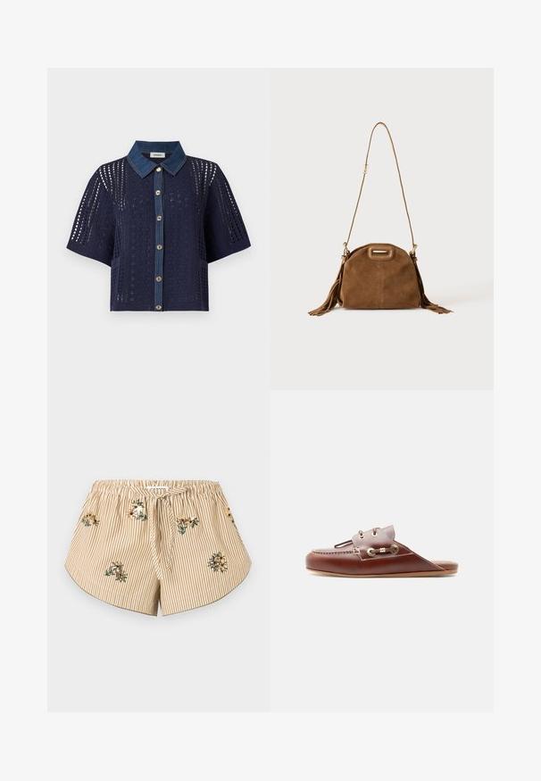 Cardigan en crochet bleu marine à manches courtes avec col en denim et boutonnage devant, présentant des motifs ajourés floraux et géométriques.; Shorts rayés beige et blanc avec une ceinture élastique, un lien à l'avant, un ourlet incurvé et de petites broderies florales dispersées sur le tissu.; Mocassin à enfiler en cuir marron avec couture moc toe, œillets dorés et détail de lacet décoratif sur le côté, semelle plate, profil latéral.; Sac à épaule en daim marron avec une longue bandoulière, une découpe rectangulaire de la poignée et des détails à pompons sur les côtés sur fond blanc.