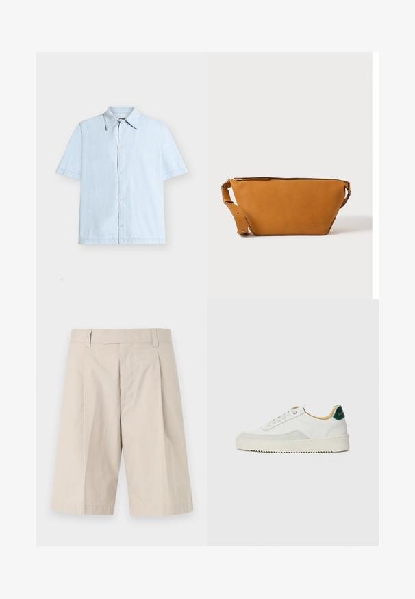 Chemise bleu clair à manches courtes, boutonnée, avec un col classique, présentée sur fond blanc.; Shorts beige arrivant aux genoux avec passants pour ceinture, braguette zippée à l'avant et un pli sur chaque jambe.; Baskets blanches avec des accents en daim, bout arrondi, lacets plats et semelle en caoutchouc crème. Présente une marque verte sur le talon.; Sac bandoulière en cuir marron clair avec sangle réglable et fermeture éclair, présenté sur un fond clair uni.