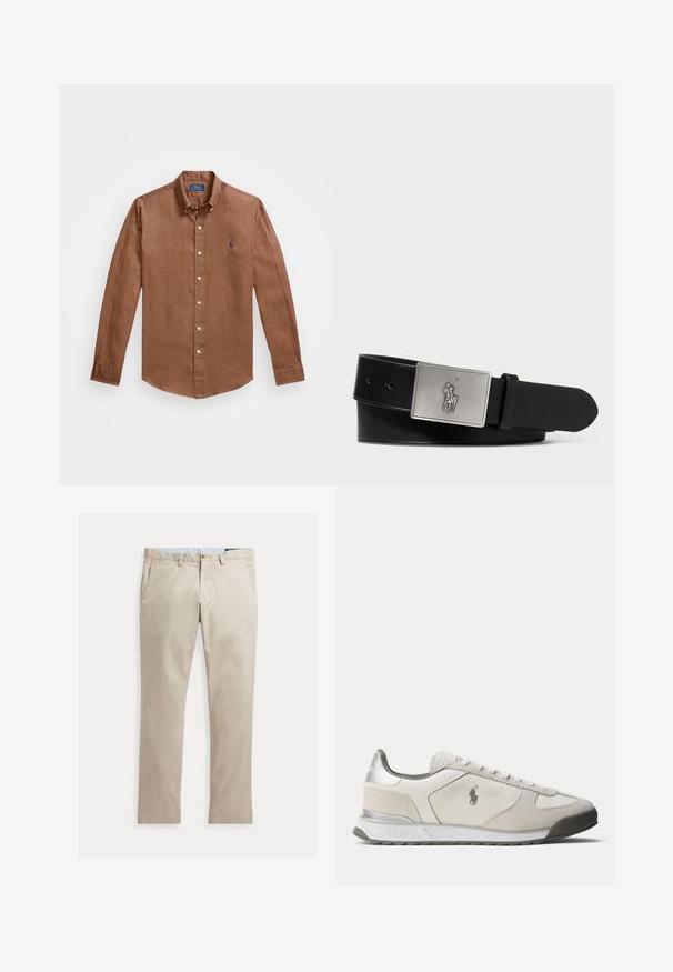 Braunes Langarm-Hemd mit Knöpfen aus Leinen, mit einem klassischen Kragen, Frontknöpfen und einem kleinen blauen Logo auf der Brust.; Beige Baumwollhose mit geradem Bein, Fronttaschen, Gürtelschlaufen, Knopfverschluss und Reißverschluss, flach auf weißem Hintergrund dargestellt.; Flach profilierte weiße und hellgraue Sneaker mit Polo-Logo an der Seite, Schnürung vorne und silbernem Akzent an der Ferse.; Schwarzer Leder-Gürtel mit einer rechteckigen silbernen Metall-Schnalle, die ein geprägtes Reiter-Logo trägt, glatter Textur und fünf Gürtellöchern.