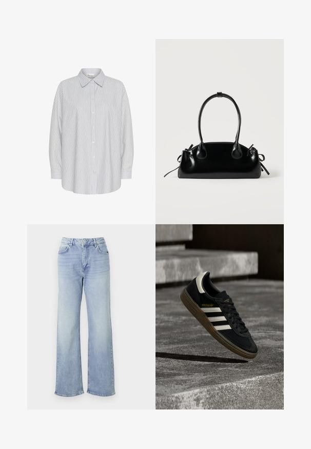 Chemise blanche à boutons avec de fines rayures verticales bleu marine, manches longues et col pointu. Présente une coupe décontractée et aucun motif visible.; Jean large bleu clair en denim, avec une taille haute, cinq poches et un ourlet légèrement effiloché.; Baskets Adidas noires avec des bandes blanches et une semelle en gomme flottant au-dessus d'escaliers en béton gris sous une lumière naturelle.; Petit sac à main noir brillant avec deux longues anses et des détails à cordon sur les côtés sur un fond clair uni.
