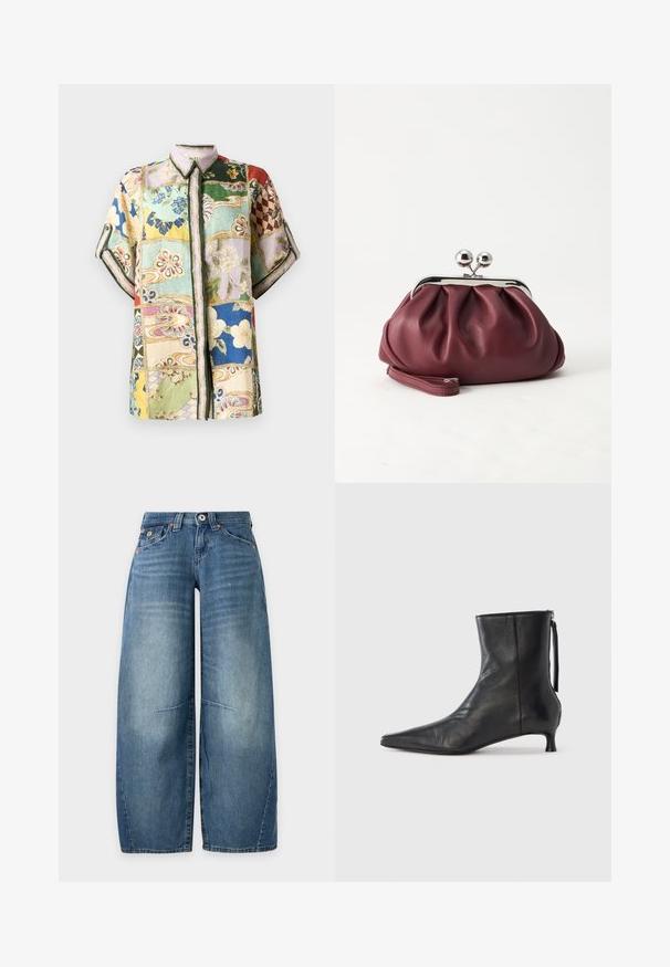 Korte mouwen overhemd met knopen, voorzien van een patchworkontwerp met meerdere kleuren, bloemen- en geometrische patronen, en een kraag.; Blauwe high-waisted jeans met wijde pijpen, vijf zakken, knoop- en ritssluiting en subtiele vervaagde details op de voorkant van de dijen en knieën.; Zwarte leren enkellaars met een puntige neus, gestructureerde vorm en een lage hak. Voorzien van een zijrits en een minimalistisch ontwerp.; Kleine bordeauxrode leren clutch-portemonnee met zilverkleurige metalen sluiting en polsbandje op een witte achtergrond.