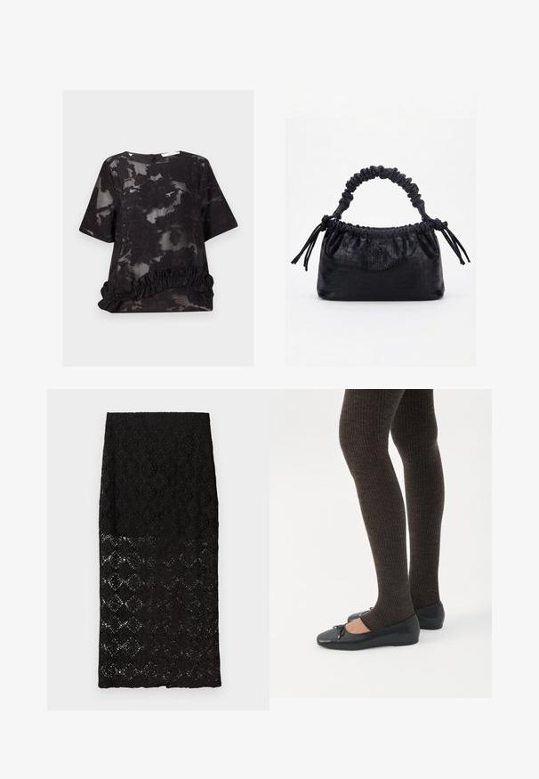 Blouse noire semi-transparente avec motif jacquard floral, manches courtes, col rond et détail à volants à l'ourlet.; Jupe crayon en dentelle noire avec motifs floraux et géométriques, partie inférieure transparente, ourlet droit, présentée à plat sur fond blanc.; Jambes portant des leggings côtelés foncés associés à des ballerines noires avec de petits détails en nœud sur fond blanc.; Sac à main noir avec texture crocodile, bord supérieur froncé, poignée plissée et pompons à cordon de chaque côté sur fond blanc.