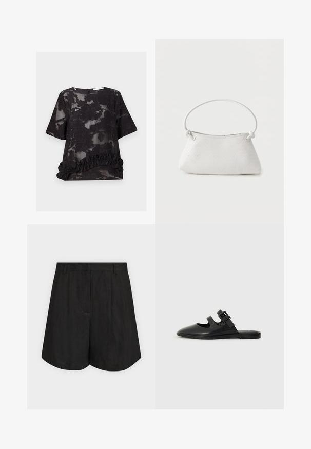 Blouse noire semi-transparente avec motif jacquard floral, manches courtes, col rond et détail à volants à l'ourlet.; Shorts noirs taille haute ajustés avec passants de ceinture, plis frontaux et ourlet légèrement évasé sur un fond clair uni.; Chaussure noire à enfiler en matériau brillant, présentant un design à découpe et une sangle ajustable avec accent de quincaillerie. Semelle plate avec une bande de roulement minimale.; Sac à main en cuir tressé blanc avec poignée arrondie et extrémités de lanière nouées, présenté sur un fond uni.