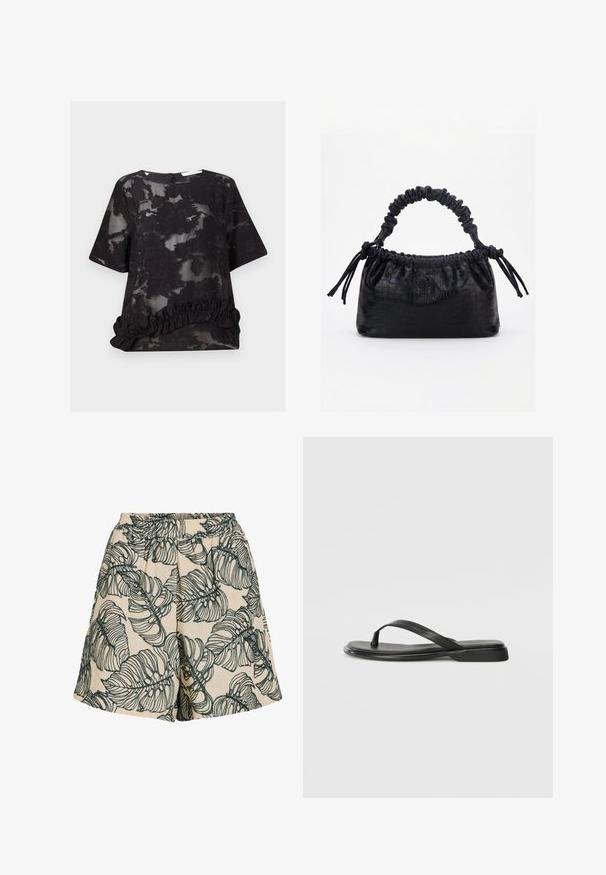 Blouse noire semi-transparente avec motif jacquard floral, manches courtes, col rond et détail à volants à l'ourlet.; Short beige avec ceinture élastique, décoré de grands motifs de feuilles tropicales aux contours vert foncé.; Tongs noires en cuir lisse, avec un design de sangle fine et une semelle plate à profil minimal. Aucun motif ou accent notables.; Sac à main noir avec texture crocodile, bord supérieur froncé, poignée plissée et pompons à cordon de chaque côté sur fond blanc.