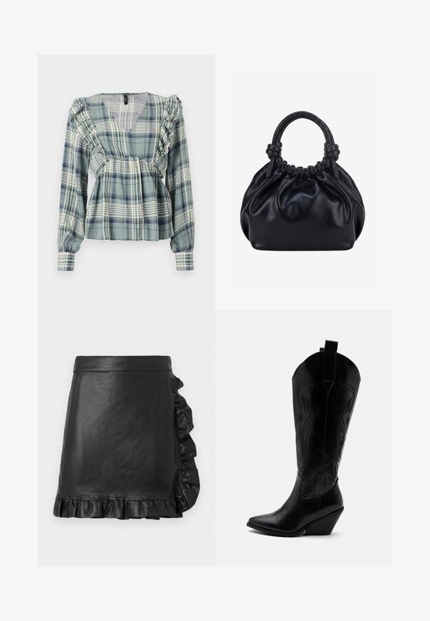 Blouse à carreaux verts avec des accents volantés le long de l'encolure et des épaules ; manches longues ; tissu léger ; présente un design à décolleté en V.; Mini jupe en cuir noir avec une texture lisse. Présente un ourlet froncé sur le côté droit et une taille structurée.; Botte de cowboy en cuir noir avec bout pointu, talon bloc incliné, couture décorative et languettes en haut sur fond blanc.; Sac à main en cuir noir souple avec le dessus froncé et deux grosses poignées nouées sur un fond uni clair.