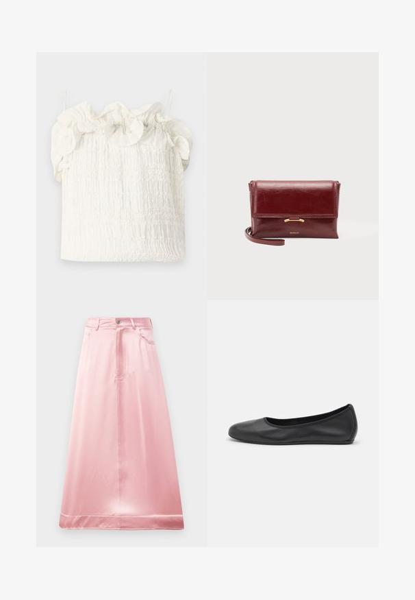 Hofmann Copenhagen EXCLUSIVE GENEVIVE - Top - off white; Roze satijnen rok met een uitlopende stijl, voorzien van een knoopsluiting aan de voorkant, riemlussen en twee zijzakken. Gladde textuur met een glanzende afwerking.; Zwarte leren ballerina met een ronde neus, gladde textuur, minimale stikdetails en een flexibele zoolontwerp.; Kleine bordeauxrode leren clutch met klepsluiting, gouden accent en polsbandje, liggend op een effen achtergrond.