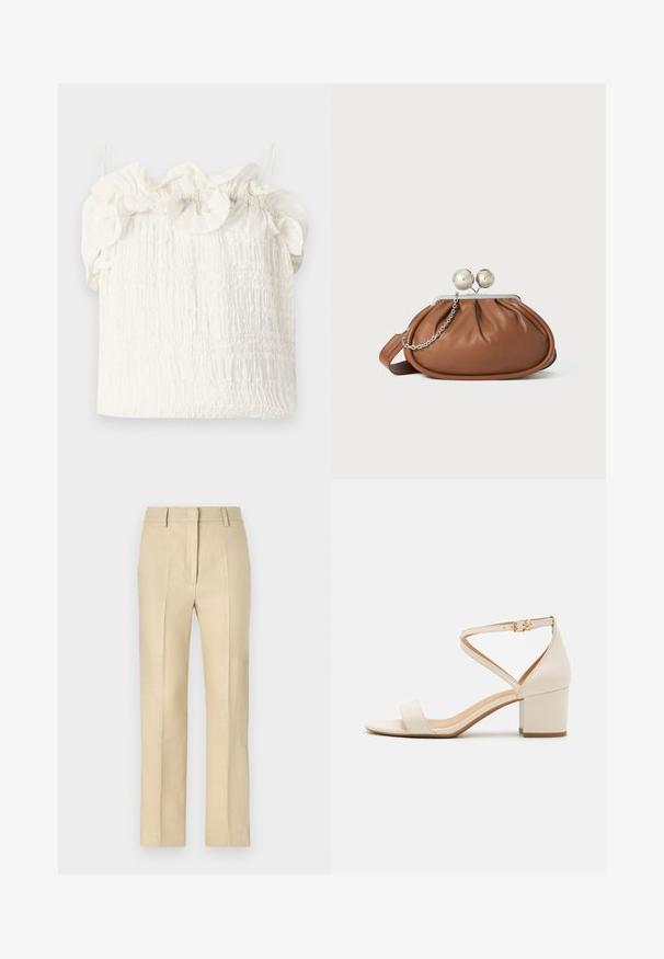 Hofmann Copenhagen EXCLUSIVE GENEVIVE - Top - off white; Beige op maat gemaakte broeken met een rechte pijp, gemaakt van textiel met structuur, voorzien van plooilijnen en een ritssluiting aan de voorkant.; Beige blokhak sandalen met een minimalistisch ontwerp, open neus en verstelbare enkelriem met een gouden gesp detail. Zachte textuur.; Bruine leren clutch met een zilveren balsluiting en een klein zilveren kettingdetail op een witte achtergrond.