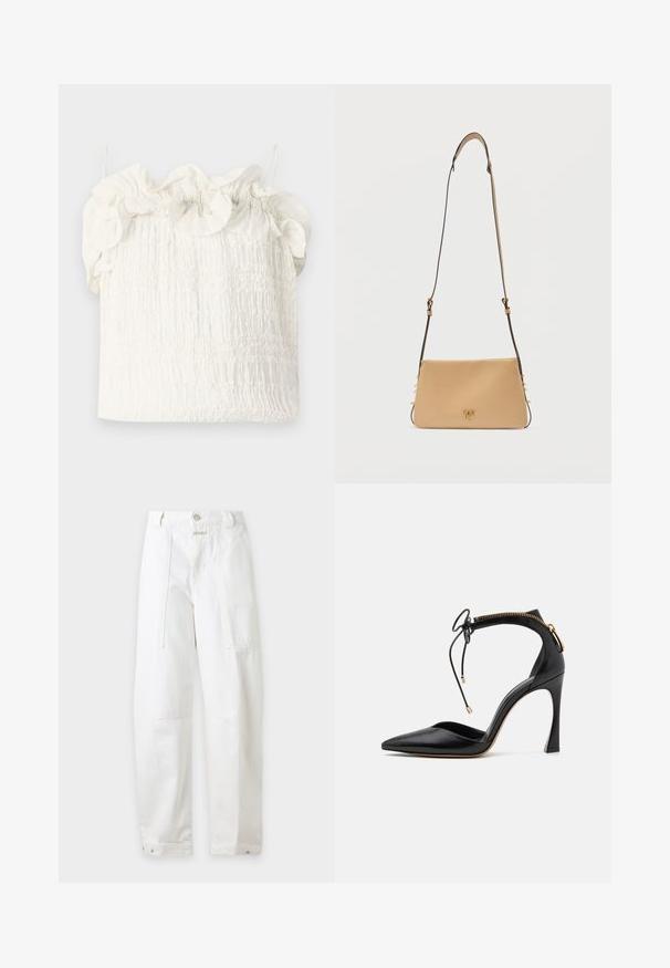 Hofmann Copenhagen EXCLUSIVE GENEVIVE - Top - off white; Hvide bukser med høj talje og vide ben, med forbinder til bælte, frontlommer, knaplukning og justerbare trykknapper ved anklerne.; Sort læder damesko med høj hæl og spids tå, ankelrem med lynlås og dekorativ sløjfe, glat tekstur og stiletthæl.; Beige rektangulær skuldertaske i læder med justerbar strop og lille gyldent dekorativt spænde på frontens midte.