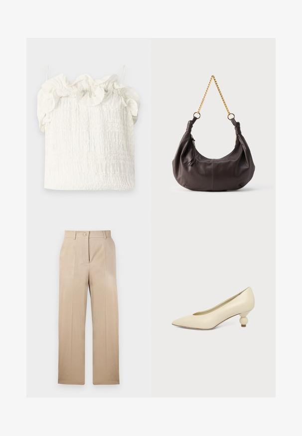 Hofmann Copenhagen EXCLUSIVE GENEVIVE - Top - off white; Beige broek met een rechte pasvorm, gemaakt van een gladde stof. Voorzien van een enkele knoopsluiting en twee voorste plooien. Standaard taille ontwerp.; Dames schoen in roomkleur met een puntige neus en een lage, ronde balvormige hak op een effen achtergrond.; Zachte donkerbruine leren schoudertas met geknoopte uiteinden en een korte gouden kettingriem, tegen een effen lichte achtergrond.
