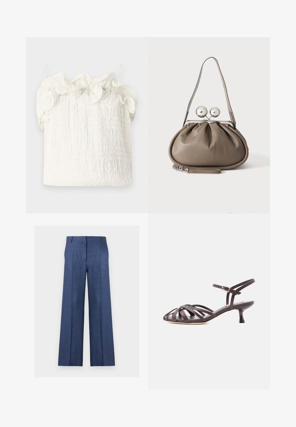 Hofmann Copenhagen EXCLUSIVE GENEVIVE - Top - off white; Blauwe op maat gemaakte wijde broek met riemlussen, een kreuk aan de voorkant en een verborgen voorzijde sluiting op een witte achtergrond.; Donkerbruine leren sandaal met bandjes en kitten heel, verstelbare gesp rond de enkel, op witte achtergrond.; Grijze leren handtas met afgeronde vorm, bovenste sluiting met twee grote zilveren bollen en een enkele schouderriem.