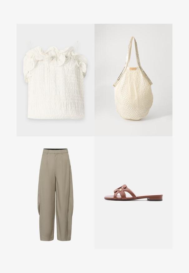 Hofmann Copenhagen EXCLUSIVE GENEVIVE - Topp - off white; Beežika värvi kõrge vöökohaga laiade säärtega püksid, millel on voltid, vööaasad ja ees eesmine lukk, valge tausta ees.; Pruun nahast lamedad rihmlikud sandaalid, millel on kaks laia rihma, mis ristuvad peal, kuldne nööpdetail ja madal ruudukujuline konts.; Kreemivärviline võrkkott, millel on tekstureeritud kudumise muster ja läikivad kuldse tooni rihmad. Ülemisel serval on kinnitatud nahklabel brändi logoga.