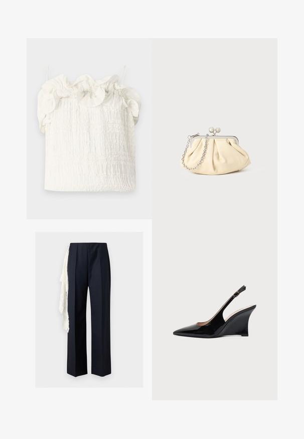 Hofmann Copenhagen EXCLUSIVE GENEVIVE - Top - off white; Zwarte rechte broek met een hoge taille, met een wit kanten sjaalaccessoire dat aan de linkerkant hangt.; Zwarte lakleren slingback wedge schoen met puntige neus en verstelbare enkelband gesp op witte achtergrond.; Geplooide beige leren clutch met een zilveren metalen frame, voorzien van twee ronde decoratieve sluitingen en een zilveren kettingriem.