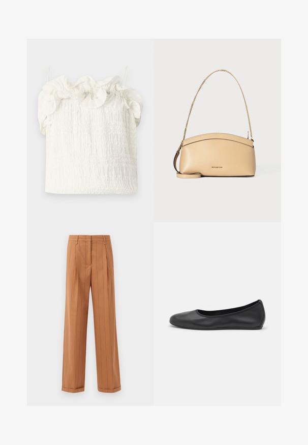 Hofmann Copenhagen EXCLUSIVE GENEVIVE - Top - off white; Hnedé pruhované nohavice s prenikavým dizajnom, s plisovaním, rovný strih a manžetou. Vyrobené z hladkej látky.; Čierne kožené baleríny s okrúhlou špičkou, hladkým povrchom, minimálnym prešívaním a flexibilným dizajnom podrážky.; Béžová kožená kabelka so zaobleným horným okrajom, zlatým reťazovým ramenným popruhom a malým zlatým logom v strede vpredu.