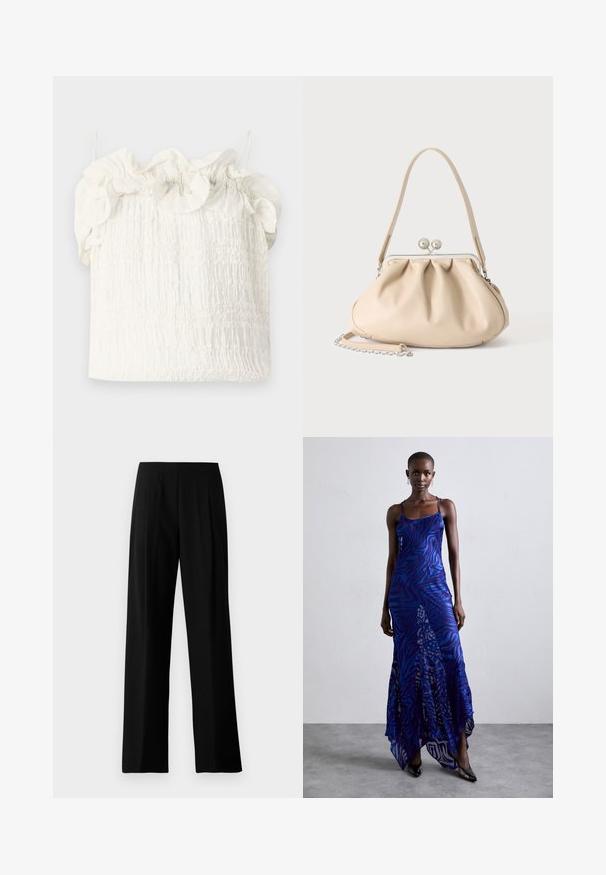 Hofmann Copenhagen EXCLUSIVE GENEVIVE - Top - off white; Čierne široké nohavice z hladkej látky, s plochým pásom a prednými záhybmi pre elegantný vzhľad. Bez viditeľného kovania alebo vzorov.; Maxi šaty s potlačou zvieracích vzorov v modrej a fialovej farbe, s tenkými ramienkami, priliehavým telom, rozšíreným lemom a priesvitnými detailmi.; Béžová mäkká kožená kabelka so striebornou kovovou rámovou sponou, jedným ramenným remienkom a voliteľným retiazkovým remienkom na bielom pozadí.