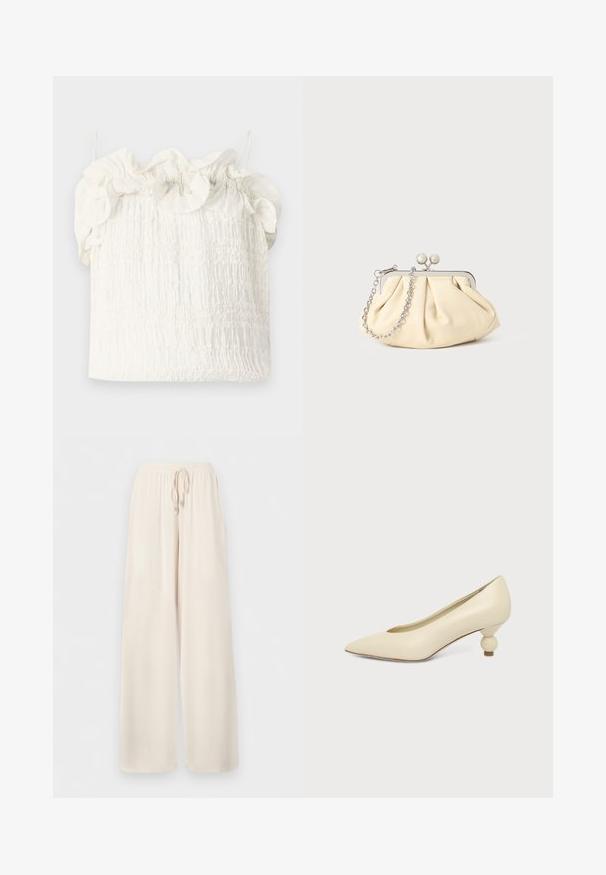 Hofmann Copenhagen EXCLUSIVE GENEVIVE - Top - off white; Losse, roomkleurige broek met elastische tailleband en trekkoord, gemaakt van lichtgewicht stof.; Dames schoen in roomkleur met een puntige neus en een lage, ronde balvormige hak op een effen achtergrond.; Geplooide beige leren clutch met een zilveren metalen frame, voorzien van twee ronde decoratieve sluitingen en een zilveren kettingriem.