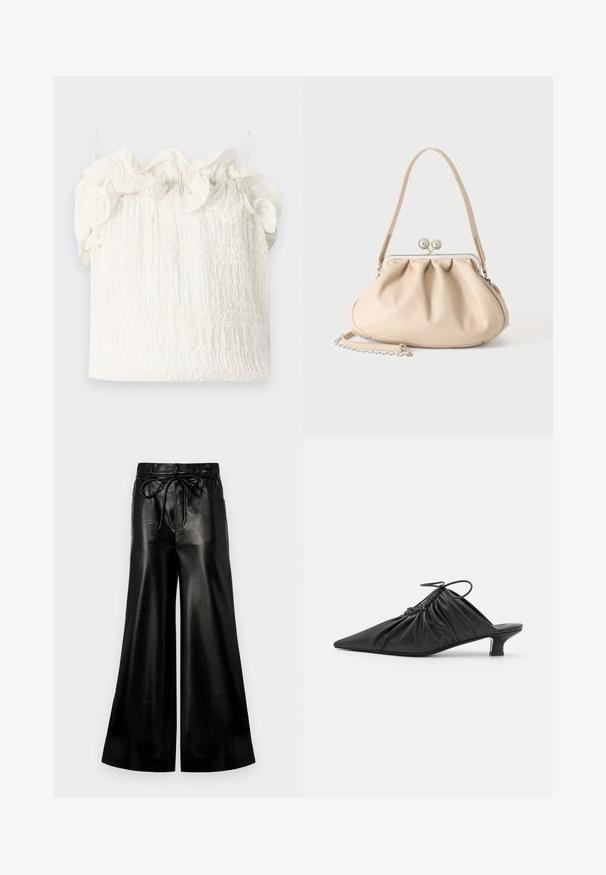 Hofmann Copenhagen EXCLUSIVE GENEVIVE - Topp - off white; Must mustast laiad püksid, millel on kummiline vöö. Sile tekstuur, kõrge talje, ülekaaluline lõige, kus on küljetaskud ja nupuga kinni keeramine.; Mustad nahast libisemisega mullingud terava varbaga, volditud tekstuuriga ja väikese kitinõelaga. Omab tõmbluku detaili avas.; Beež pehme nahast käekott hõbedase metallraami klambriga, ühe õlarihma ja valikulise kettpaelaga valgel taustal.