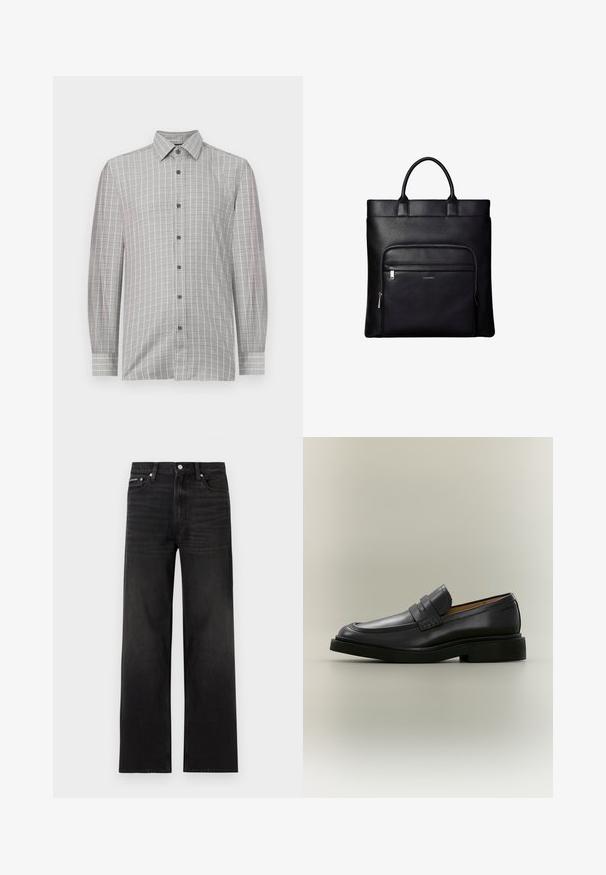 Camisa de manga larga para hombre en gris claro, con un patrón de cuadrícula y acentos oscuros, tapeta de botones y un collar clásico. Textura textil suave.; Jeans negros de pierna recta con diseño de cinco bolsillos, presillas para cinturón y cierre de botón, mostrados sobre un fondo blanco.; Mocasín de hombre de cuero negro con tacón bajo y detalle de correa en la parte superior, mostrado de perfil sobre un fondo neutro.; Bolso tote de cuero negro con asas superiores y bolsillo frontal con cremallera que muestra un pequeño logo de Calvin Klein en el bolsillo.