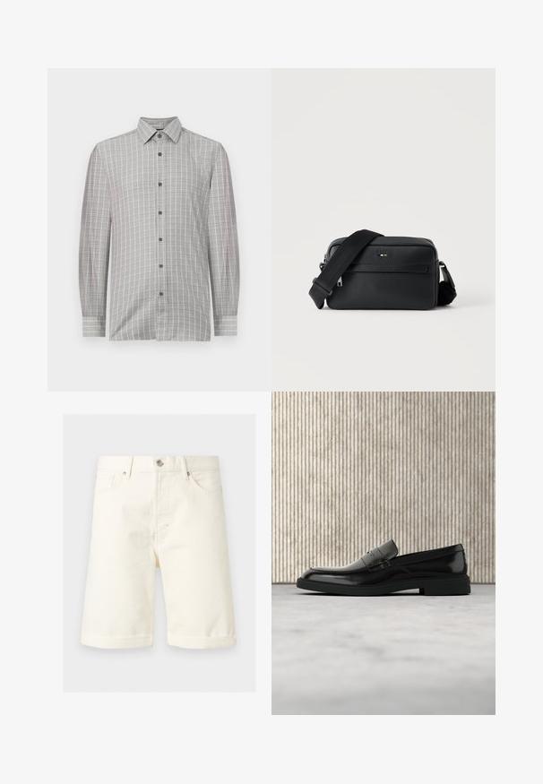 Camisa de manga larga para hombre en gris claro, con un patrón de cuadrícula y acentos oscuros, tapeta de botones y un collar clásico. Textura textil suave.; Pantalones cortos vaqueros de color crema hasta la rodilla con bolsillos delanteros, trabillas para cinturón, cierre de botón y dobladillos doblados.; Zapato loafer de cuero negro pulido flotando sobre una alfombra beige con muebles translúcidos naranjas de fondo.; Bolso bandolera negro de cuero texturizado con bolsillo frontal con cremallera y correa de hombro ancha de tela ajustable sobre fondo blanco.