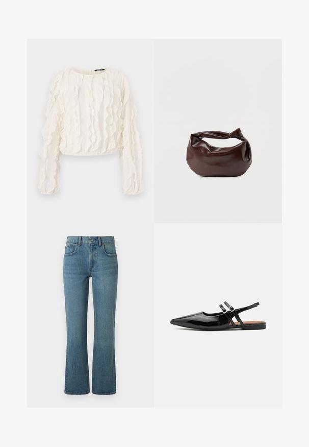 Witte cropped blouse met lange mouwen, voorzien van gestructureerde verticale strepen en ruches. Sluiting met keyhole aan de achterkant. Zachte stof.; Lichtblauwe flared jeans van denim, met vijf zakken, een sluiting met een knoop aan de voorkant en subtiele vervaging voor textuur.; Zwarte gepatineerde leren slingback schoenen hebben een spitse neus, twee banden met gespsieraden en een platte zool.; Donkerbruine leren schoudertas met een zachte, slungelige vorm en een gedraaide knoopvormige handgreep op een effen witte achtergrond.