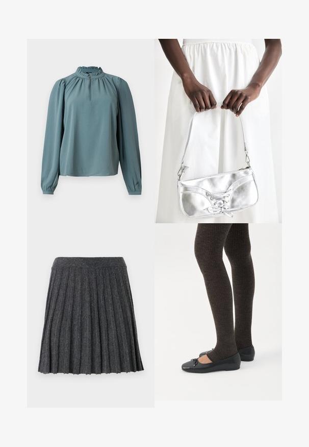 Blouse met lange mouwen in gedempte teal stof met een hoge gerimpelde halslijn en subtiele plooien. Heeft een knoopdetail bij de hals.; Vero Moda Knitted VMMARINA Short - Minirok - dark grey; Benen met donkere geribbelde leggings gecombineerd met zwarte ballerina's met kleine strikdetails op een witte achtergrond.; Zilveren metalen handtas met vetersluiting, met een strak ontwerp en een korte schouderriem. De tas wordt vastgehouden in de handen, waardoor de textuur goed tot zijn recht komt.