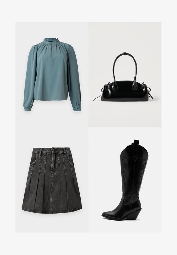 Blusa de manga larga en tela teal apagado con cuello alto con volantes y recogido sutil. Presenta un detalle de botones en el cuello.; Falda de mezclilla negra con un diseño plisado, lazos para cinturón, bolsillos frontales y cierre de botón. Textura suave con un ligero brillo.; Bota de vaquero de cuero negro con punta puntiaguda, tacón bloqueado inclinado, costuras decorativas y lengüetas en la parte superior sobre fondo blanco.; Pequeño bolso negro brillante con dos asas largas y detalles de cordón lateral sobre un fondo claro liso.